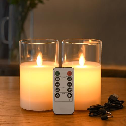 FiiMoo Candele LED Ricaricabile, 2 Pezzi, Candele USB Ricaricabili, Candele Batteria, Candele LED Senza Fiamma, Candela in Vetro con Telecomando Per Natale, Festa, Vacanze, Hotel Decorazione-10cm