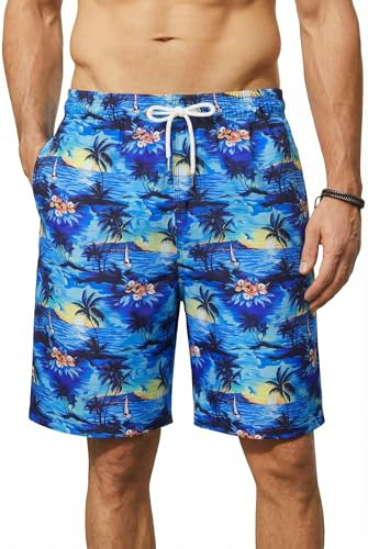 Enlision badbyxor herr badshorts sommar Hawaii shorts strandshorts snabbtorkande simbyxor surfing boardshorts för män med nätfoder S–3XL, Blå palm, L