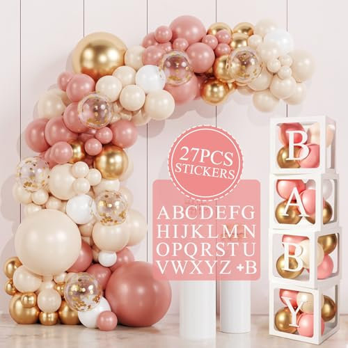 Baby Shower Decoration, 109 pièces Arche Ballon Rose Blanc et Or, 4 Cube Baby Shower avec 27 Lettres(A-Z+B), Boîte à Ballon Baby Shower pour Decoration Bapteme, Deco Anniversaire Fille, Gender Reveal