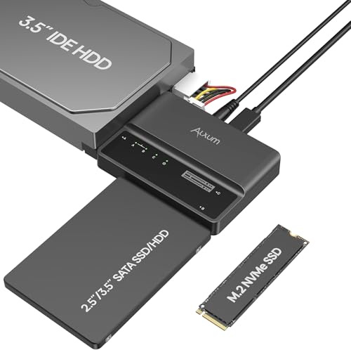 Alxum 3 IN 1 Tool-Free PCIE NVME M.2 SATA IDE Adapter External 10Gbps USB 3.2Type C Hard Drive Converter for 2230/2242/2260/2280 M.2 SSD,2.5/3.5 inch SATA HDD SSD & 3.5 IDE HDD