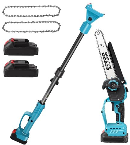 2-in-1 Akku-Hochentaster & 8 Zoll Mini-Kettensäge mit 2 x 6000mAh Akku und Ladegerät, Bürstenloser Motor, 2,8 m Teleskopstange, zum Bäume und Hohe Äste (2x6000mAh Akku)