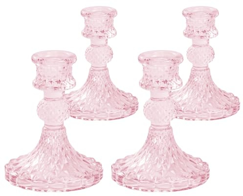 Pack of 4 Glass Candlestick Holders, Clear Taper Candle Holders Glass Candle Holder Decorative Candle Sticks Crystal Candle Holders for Wedding Centrepieces Christmas Table Decor (Pink)