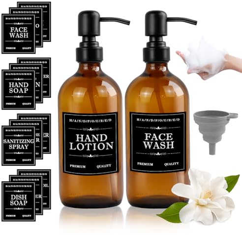BZUEPRS 2 Stück Seifenspender Glas, 12 Wasserfesten Etiketten, 1 Trichter | 500ml Shampoo Spender, 304 Edelstahlpumpe, für Bad Küche, Braun, Nachfüllbar