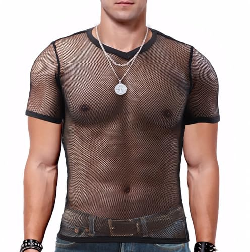 Rbleote Netzhemd Herren, Netzshirt Herren, Ist mit Einer Silbernen Doppelschichtkette, Einem Durchscheinenden Design, Weit Verbreitet für Partys, Partys, Clubs Usw. Verwendet