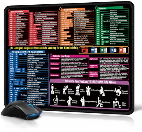 Mauspad 300 x 250 x 3 mm, Excel Mauspad Deutsch für Office, Word PPT Windows, Gaming Mousepad Excel Shortcuts Unterlage, Mouse Pad Klein für Büro und Zuhause