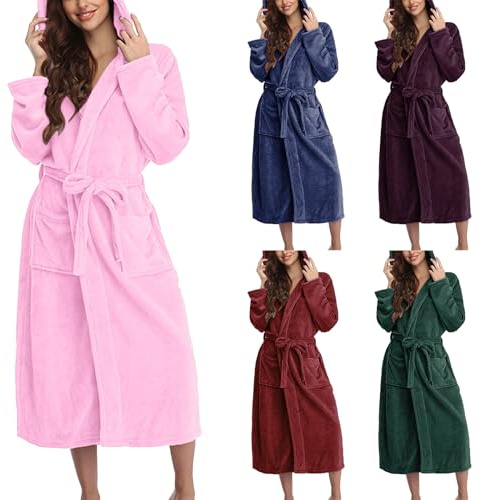 Badrock dam fluffig med huva, morgonrock dam lång elegant, morgonrock varm basturock med bälte, badrockar vinter, loungewear med fickor, hemmakläder, bekväm huvbadrock sovrock, lila, XXL