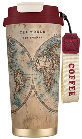 JEJEA Tasses isothermes en acier inoxydable avec impression carte du monde ancienne, tasse à café à double paroi, tasse à café de voyage pour la maison et le bureau