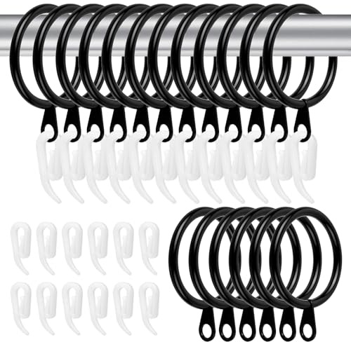 24 Pack Curtain Rings and Hooks, 30mm Metal Curtain Hooks(Black) | Drapery Hanging Rings Curtain Hooks Plastic White for Curtains and Rods, Drape Sliding Eyelet Rings