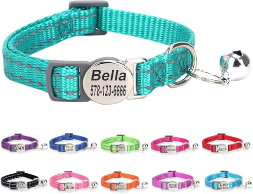 Personalisierter Katzenhalsband mit Ablös‑Sicherheitsschnalle, Türkis | Individuell gravierte Schnalle mit Name，befestigte Glocke, reflektierende Nähte, verstellbar 19‑30 cm, für Katzen & Kätzchen