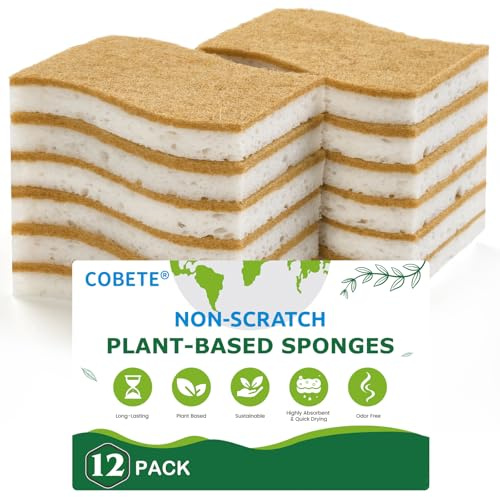 COBETE 12 Pack Natural Biodegradable Kitchen Non Scratch Sponges,Compostable Plant Based Coconut Cellulose Sponge,Eco Friendly Reusable Dish Scrubber Sponge for Pots, Pans & Household Cleaning