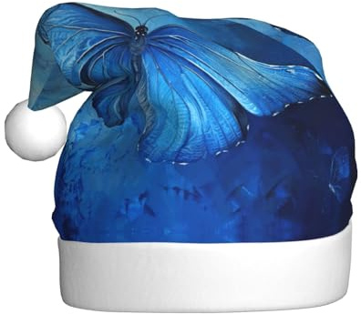 MGGAklp Weihnachtsmütze mit blauem Schmetterlings-Aufdruck, Weihnachtsmütze für Erwachsene, Weihnachten, Neujahr, Festliches Partyzubehör