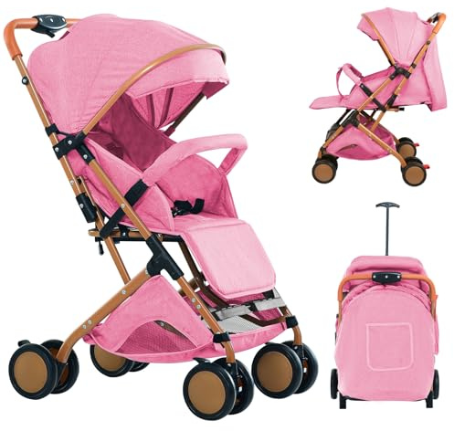 Homewell Hopfällbar barnvagn med flera positioner, 2-i-1, kompakt och lätt, för att sitta eller ligga, solskyddad resevagn (rosa)