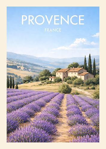 Provence France Travel Poster, Lavender Field Landscape, French Countryside Art Print, Wall Decor. Size A4