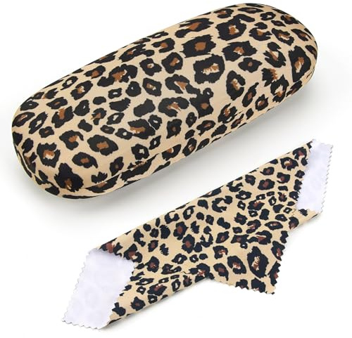 Leikedun Brillenetui mit Leopardenmuster, Brillenetui Hardcase mit Reinigungstuch, Schutzhülle für Brille, Modisches Brillenetui für Damen, Tragbarer Organizer für Reisen