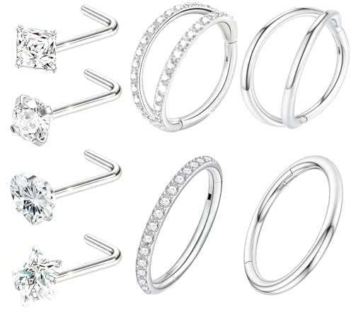 nuneoeuo 8 PCS Double Nose Ring Silvery and Silver Nose Studs Set, Helix Hoop Noses Rings for Women, Conch Hoops Tragus Hoops Double Hoop Noses Ring Piercing Jewellery for Women