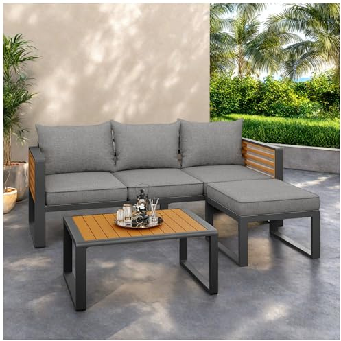 Wyibwy Set divano da giardino a 3-4 posti, set tavolo e sedie da esterno contemporaneo, mobili da giardino con struttura in ferro zincato, poltrona lounge, arredamento per terrazzo (3-4 posti)