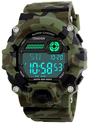 TONSHEN Digitale Uomo Orologio da Polso Sportivo 50M Impermeabile LED Outdoor Militare Tattica Orologi 12H/24H Tempo Mimetico Plastica Lunetta e Gomma Band Cronometro Sveglia Semplice Design
