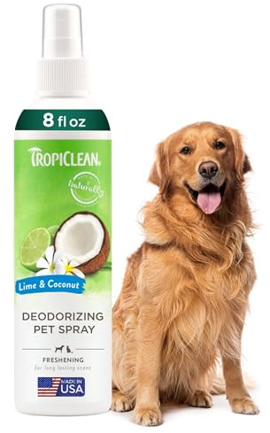 TropiClean Dog Perfume, Long Lasting Lime & Coconut Cologne, Deodorizing Spray for Smelly Dogs, After Bath Detangling Spray with Vitamin E, Safe for Cats, 8oz.