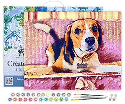 Figured'Art Peinture par Numéro Adulte avec Cadre Beagle Mignon - Activité Manuelle Kit de Loisir Créatif DIY Numéro d'Art Complet - 40x50cm toile tendue sur châssis