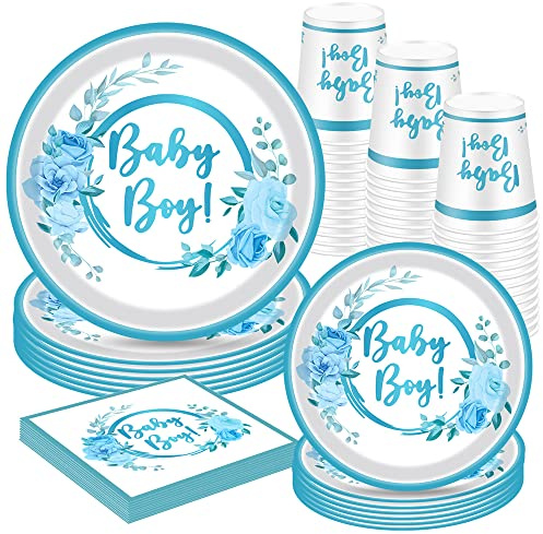 Baby Shower Boy Decorations 16 Pack Blue Floral Paper Plates, Napkins, Cups for Gender Reveal Party Supplies