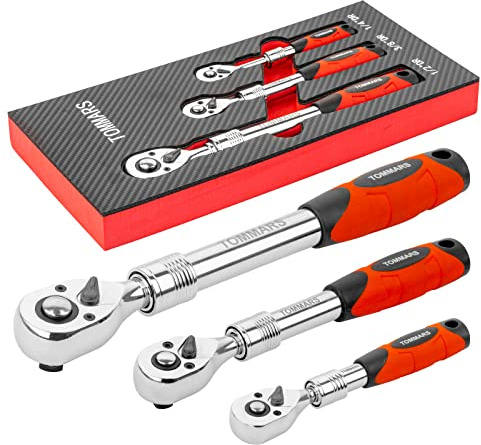 TOMMARS Coffret Lot de 3 clés à cliquet à 72 dents à dégagement rapide réversible, taille : 1/4 3/8 1/2''