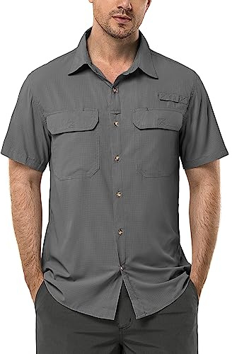 33,000ft Camisa de Manga Corta para Hombre UPF50+ Protección UV Camisa de Exterior Secado Rápido Camisa de Ocio Camisa Funcional Camisa de Senderismo para Pesca Safari Viajes Golf, gris, L