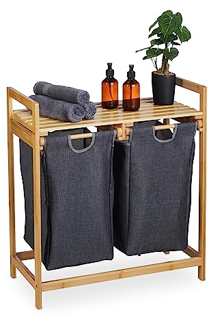 Relaxdays Estantería Cesto Ropa Sucia, Bambú, Extraíbles, 73x64x33 cm, 2 Sacos y 1 Balda, Cubo Lavandería, Natural/Gris