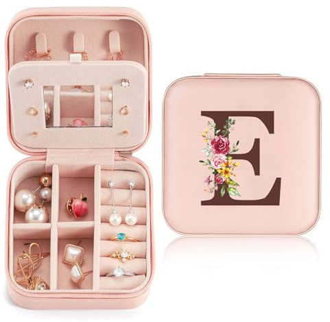 Schmuckkästchen Klein Reise für Damen Mädchen, Schmuckkasten mit initiale E, Mini Schmuckschatulle mit Spiegel für Ringe, Ohrringe, Halskette für Damen Geschenk für Geburtstag, Weihnachten, Muttertag
