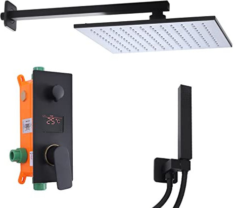 Sistema de ducha negro empotrado, grifo de ducha de lluvia, sistema LED de 30 x 30 cm, mate, moderno juego de ducha de aire con cabezal cuadrado de acero inoxidable y latón de 30 x 30 cm