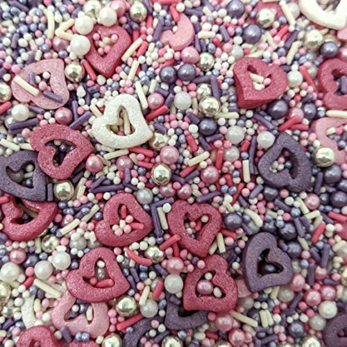 Glimmer Hearts Mixed Sprinkles - 100g of Edible Pink, Purple, Silver & White Cake Toppers Decorations, Pearls 100s 1000s Mini Balls Nonpareils Strands Hearts