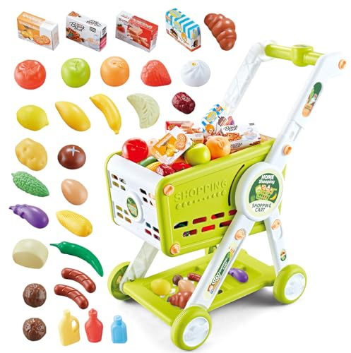 KalaDuck Supermarkt Einkaufswagen für Kinder, 31PCS Einkaufswagen Spielzeug mit Obst Gemüse Kaufladen Zubehör, Rollenspiel Lebensmittel Einkaufskorb Kaufmannsladen Spiele für Jungen Mädchen (Grün)