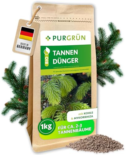 Purgrün® Tannendünger 1 kg – Organisch-mineralische Rezeptur – Feinkörniges Krümelgranulat – NPK 6+4+5 – Extra Magnesium für leuchtend grüne Tannennadeln – Verbessert die Bodenqualität