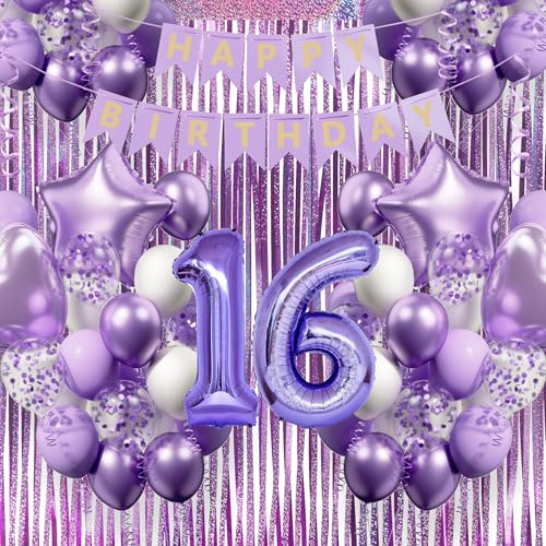 16. Geburtstagsdeko Mädchen, Lila-Weiß Luftballons Geburtstag Deko Zubehör Set, Geburtstag Partydekoration für 16 jährige Junge Frau