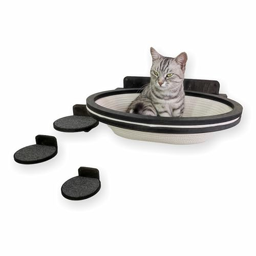 RshPets flätad katthängmatta och 3 steg – kattväggelement – katthängmatta – väggmonterad kattmöbel – kattsäng, vägg – klättervägg set för katter (mörk färg)