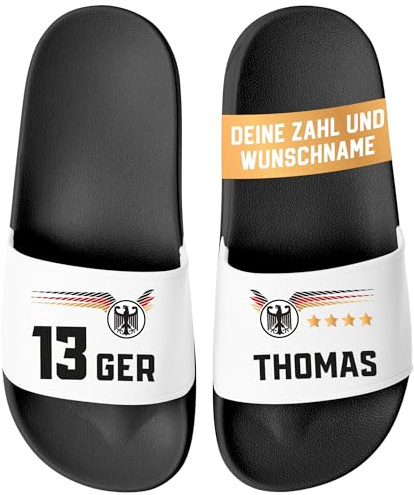 MoonWorks® Badeschlappen Herren Damen Fussball EM 24 personalisiert Deutschland Wunschname und Zahl Badelatschen Männer Frauen