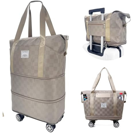 Groß faltbar Reisetasche mit Rollen - faltbar abnehmbare Rollräder, Handgepäck Tasche, Koffer Stoff, Weekender Damen, ideal für Reisen, Camping, Geschäftsreise - Checkerboard Wochenendtasche (Khaki)