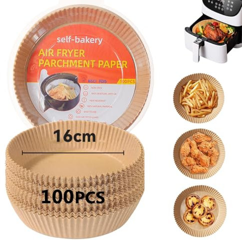 2XK-NOV 100 pezzi di carta da forno per friggitrice ad aria calda, accessori usa e getta per friggitrici ad aria calda, impermeabili e resistenti all'olio (girare, 16cm)