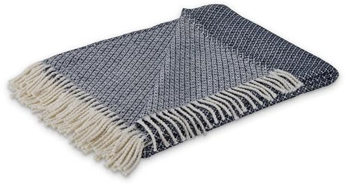 Como Kuscheldecke Blau Weiß schönes Strickmuster, gestrickte Wohndecke, 50% Baumwolle 50% Polyacryl, 440 GSM, gesäumte Einfassung 130 x 170 cm