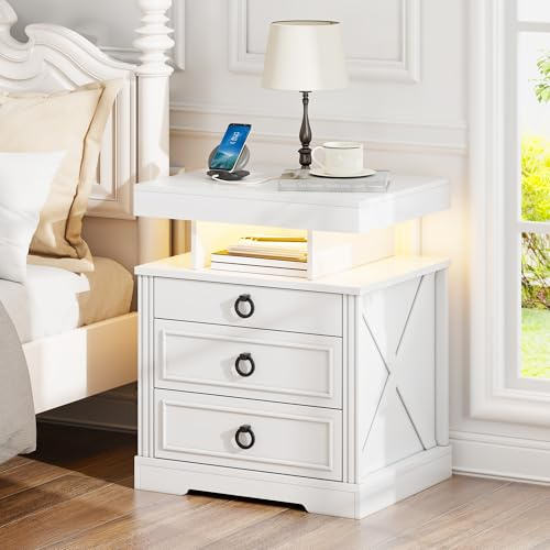 Gurexl LED Bedside Table with Gun Drawer, Charging Bedside Table with USB & Type-C Port, Human Sensor Light, Open Compartment and 2 Drawers Rustic Wood Sofa Side End Table(White)