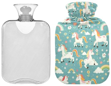 1L Große Wärmflasche mit süßem Bezug, Cartoon-Einhörner, Regenbögen, Blumen, wiederverwendbarer Wärmbeutel für Wärme- und Kältetherapie, Menstruationskrämpfe, Nacken, Schulter, Rückenschmerzen