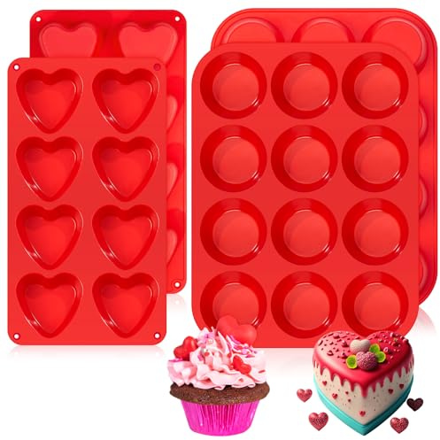 4 Pcs Heart and Round Shaped Silicone Mold for Baking Chocolate Jelly Pudding Valentine Cupcake Pans 8 Grid 12 Grid Silicone Molds for Brownie Cupcake Cookies Candy Ice Cube Soap