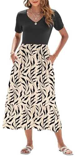 AUSELILY Summer Dresses Women UK Short Sleeve Empire Waist Maxi Dresses Women Long Sundresses Swing V-Neck Beach Coverup with Pockets Black Leaf Black L