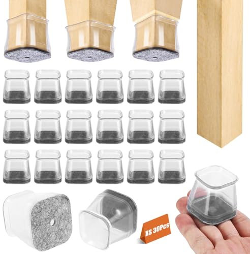 Lot de 30 embouts de protection carrés en silicone avec feutre pour pieds de chaise - Protection de sol transparente pour sols en bois, protection contre les rayures et isolation phonique
