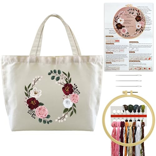 Turmaster Stickerei Set mit Canvas Tote Bag, Stickset für Anfänger, Sticken Set Erwachsene mit Blumenmuster,Stickrahmen,Fäden und DIY Stickerei Werkzeuge，Weiß