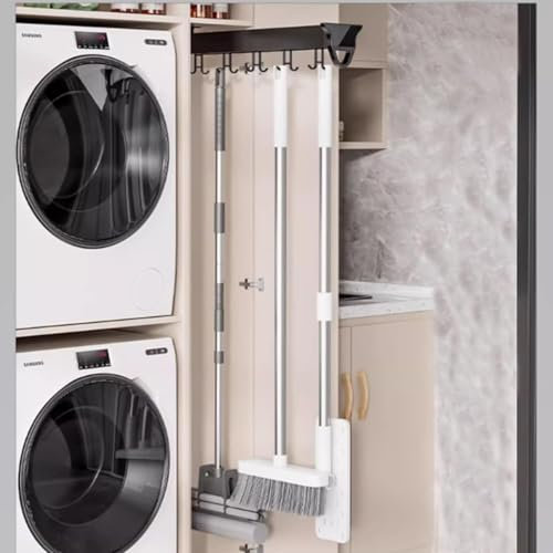 Wall Mounted Broom and Mop Holder Organizer with Slide Feature Space Saving Garage Storage Rack for Kitchen Closet and Home Hanging Storage Solution for Cupboard and Wardrobe