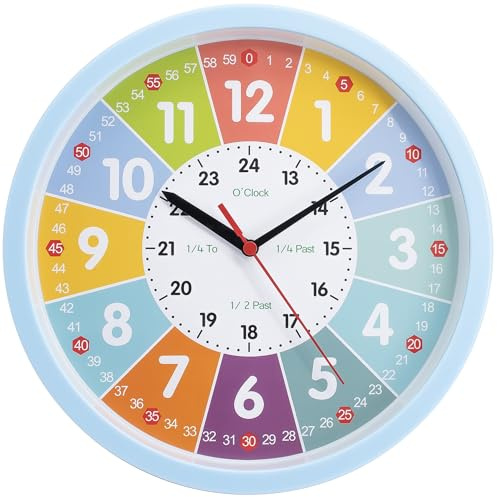 laimaimi Learning Clock for Kids – Silent Classroom Clock Telling The Time Teaching Toddler Boys Analog for Kid's Room Classroom School Playroom, Blue