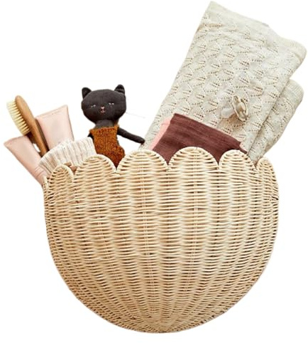 BommFu Scalloped Wall Wicker Basket, Handwoven Wall Baskets, Rattan Wicker Basket Organizer, Scalloped Baskets Hanging For Entryway, Bedroom, Bathroom, Kitchen Decor