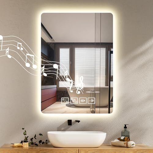 Worshow Bluetooth Miroir de Salle de Bain avec Éclairage 50 x 70 cm, Miroir LED Rectangle avec Anti-Buée, Dimmable, 3 Températures de Couleur, Réglage de L'heure, Fonction Mémoire, Capteur Tactile