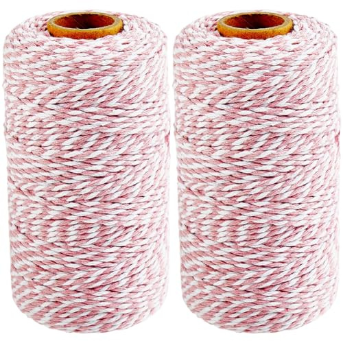CABODYALS 2 Rolls 200M 2MM Pink and White Cotton Twine String Christmas Twist Bakers Packing Cord Macrame Round Braid Thread Bulk for Crafts Birthday Wedding Party Decor Gift Wrapping Gardening