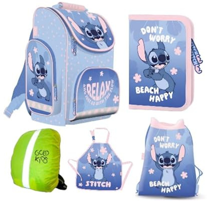 PASO - Schulranzen für Jungen und Mädchen, 5er-Set - Schul-Rucksack für Kinder mit Federmäppchen- Schuhbeutel und Regenschutz- Stitch